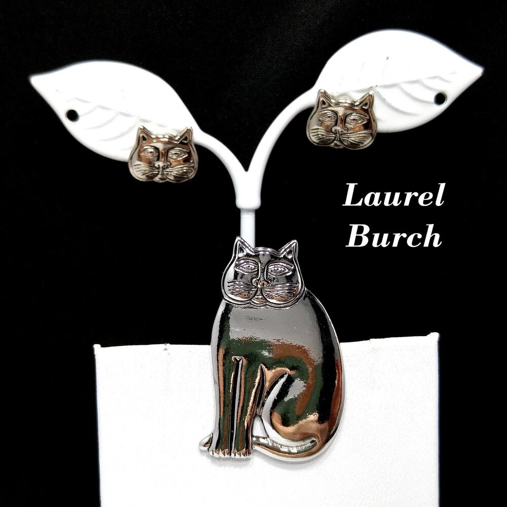 Laurel Burch Cat Brooch & Earrings, Rhodium Plated, 1980s Vintage Jewelry